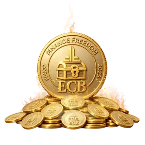 Moneda ECB entre destellos y llamas doradas